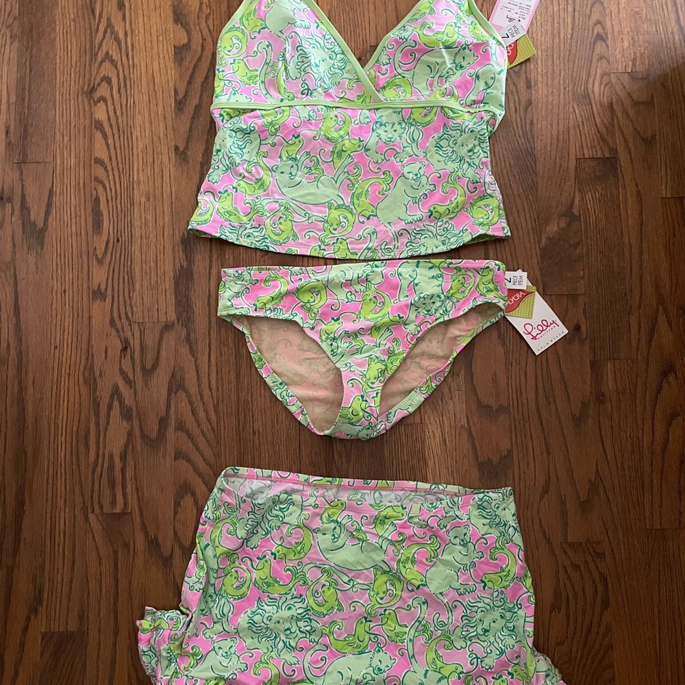 🆕⭐Ultra Rare⭐💗 4 Pc Set Lilly Pulitzer Pink & Green Tankini and Swim Cover Up